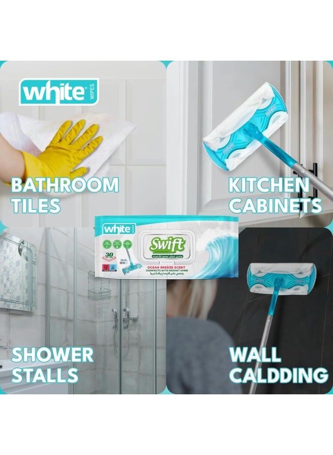 White Swift Ocean Breeze Scented Wet Floor Wipes Mop Kit Multi Surface Trap+Lock 30 Wipes - Image 2